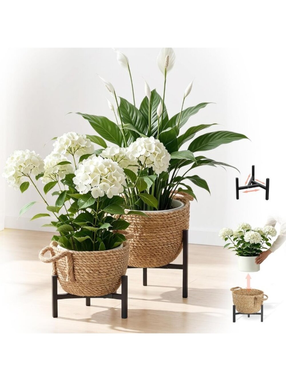 Boho Rattan Woven Planter Basket for Indoor/Outdoor Plants, Adjustable Metal